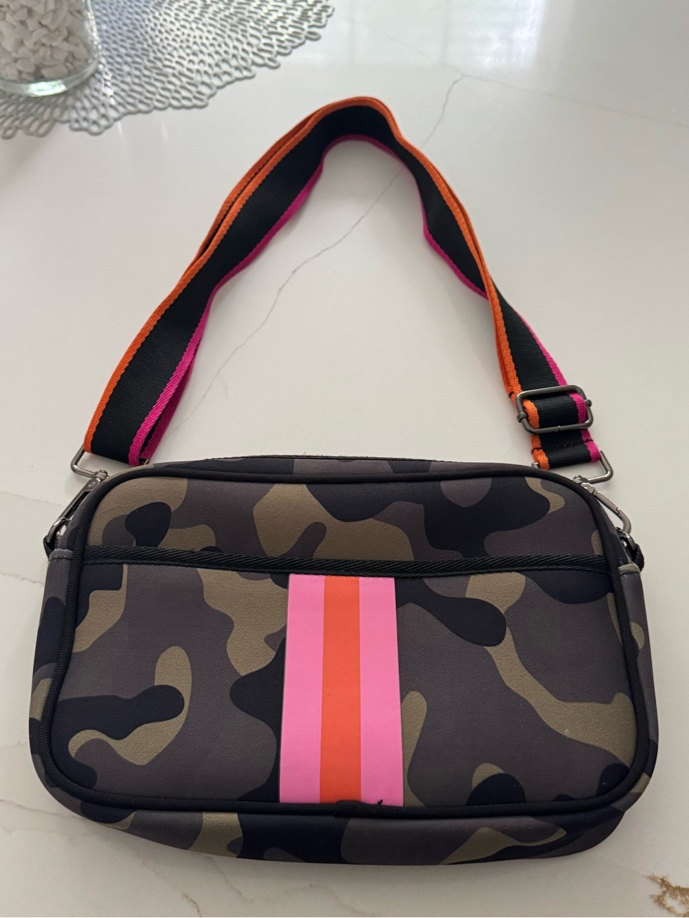 Camo Crossbody Bag with Pink & Orange Stripe